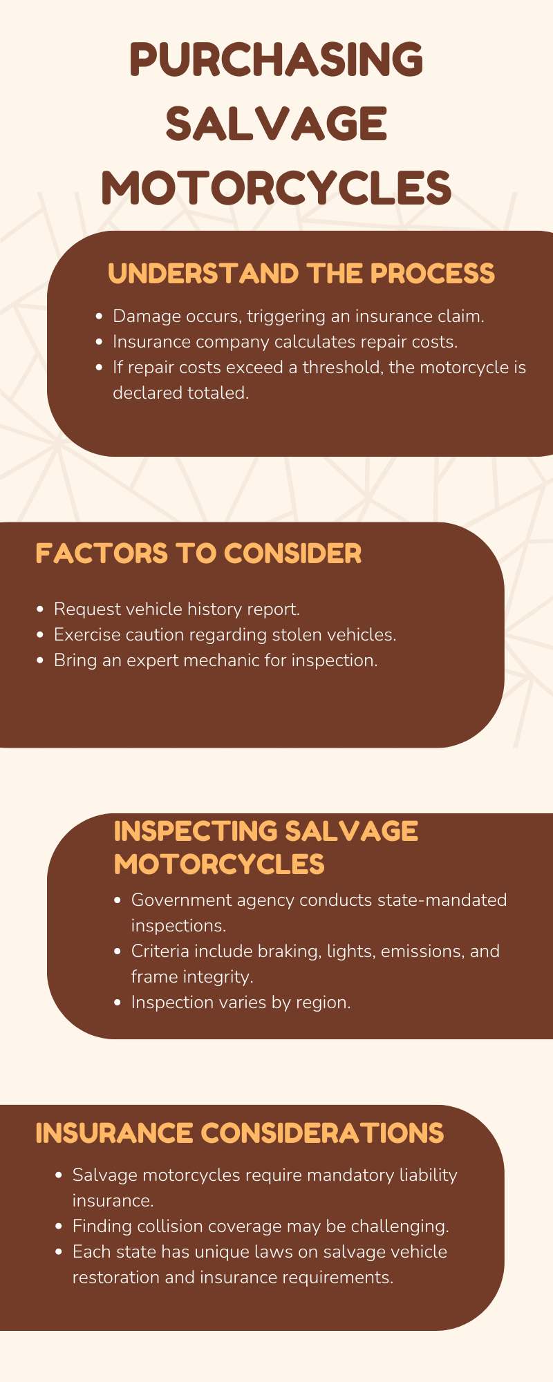 An infographic illustration of Purchasing Salvage Motorcycles